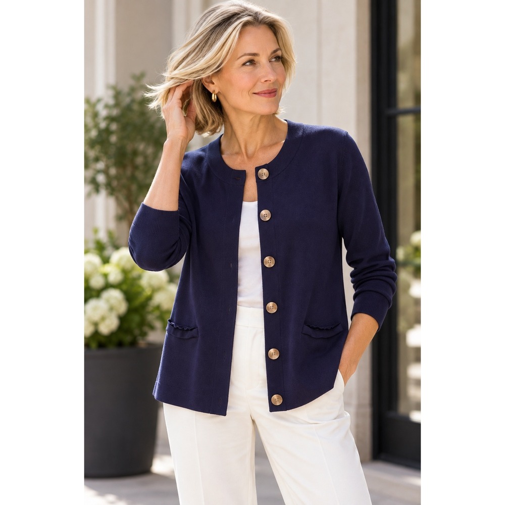 Chicos Navy Blue Button Front Ruffle Pocket Cardigan Sweater Womens Size 2 L
